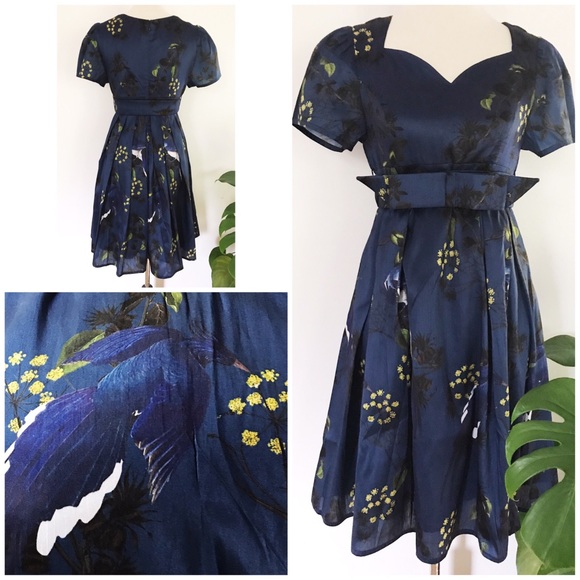 eshakti Dresses & Skirts - EUC eShakti Birds Floral Bow Belted 50’s Dress S